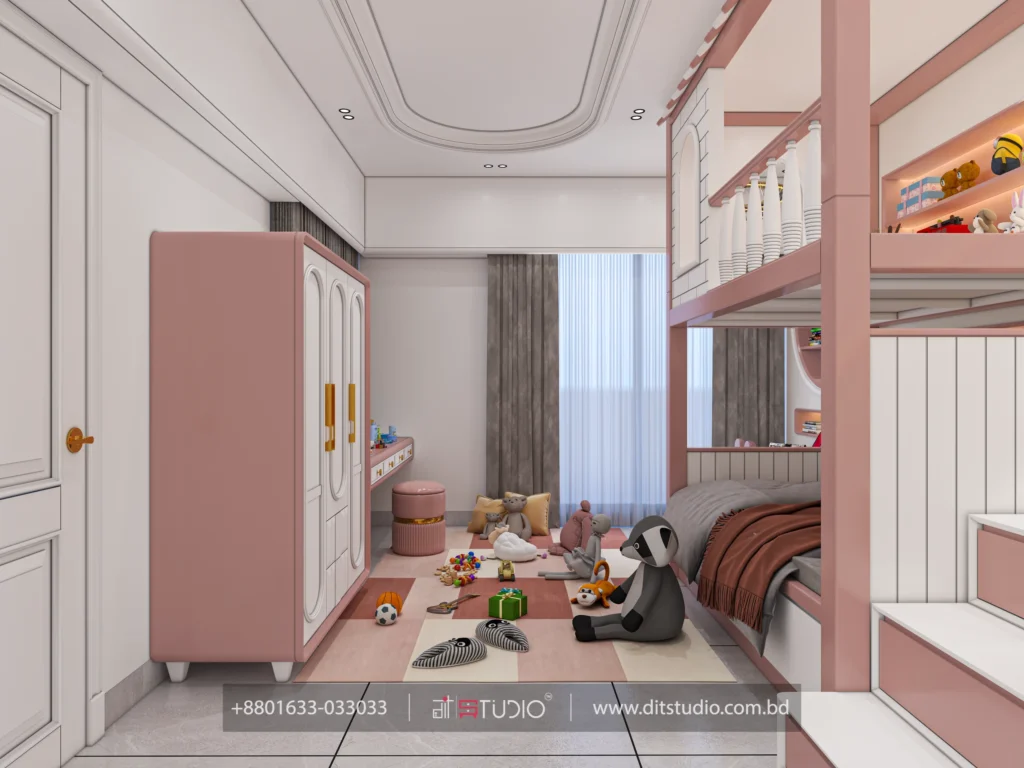Kids bedroom with pink wardrobe, dressing table and a castle bunk bed with side stairs