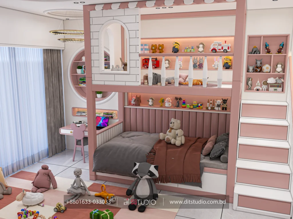 Castle bunk bed with lit toy shelving, pink drawer stairs and a study desk by the window