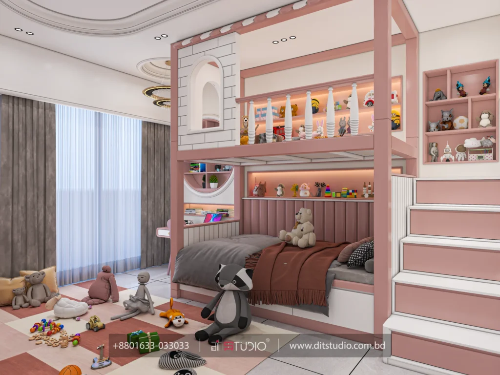Pink bunk bed play loft with arched window, cubby display shelves and a padded headboard