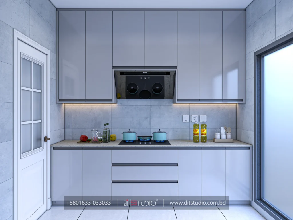 Grey handleless kitchen with gas hob, black chimney hood and concrete effect wall tiles