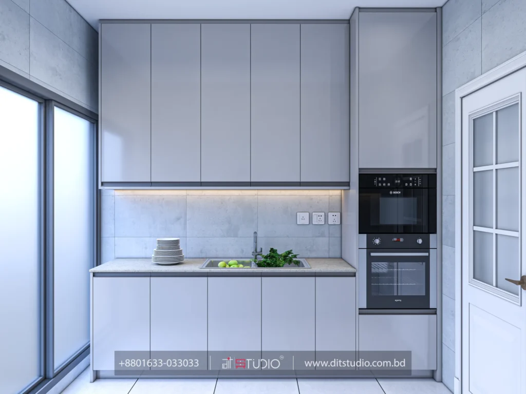 Grey kitchen with sink counter, built in oven and microwave tower and under cabinet lighting