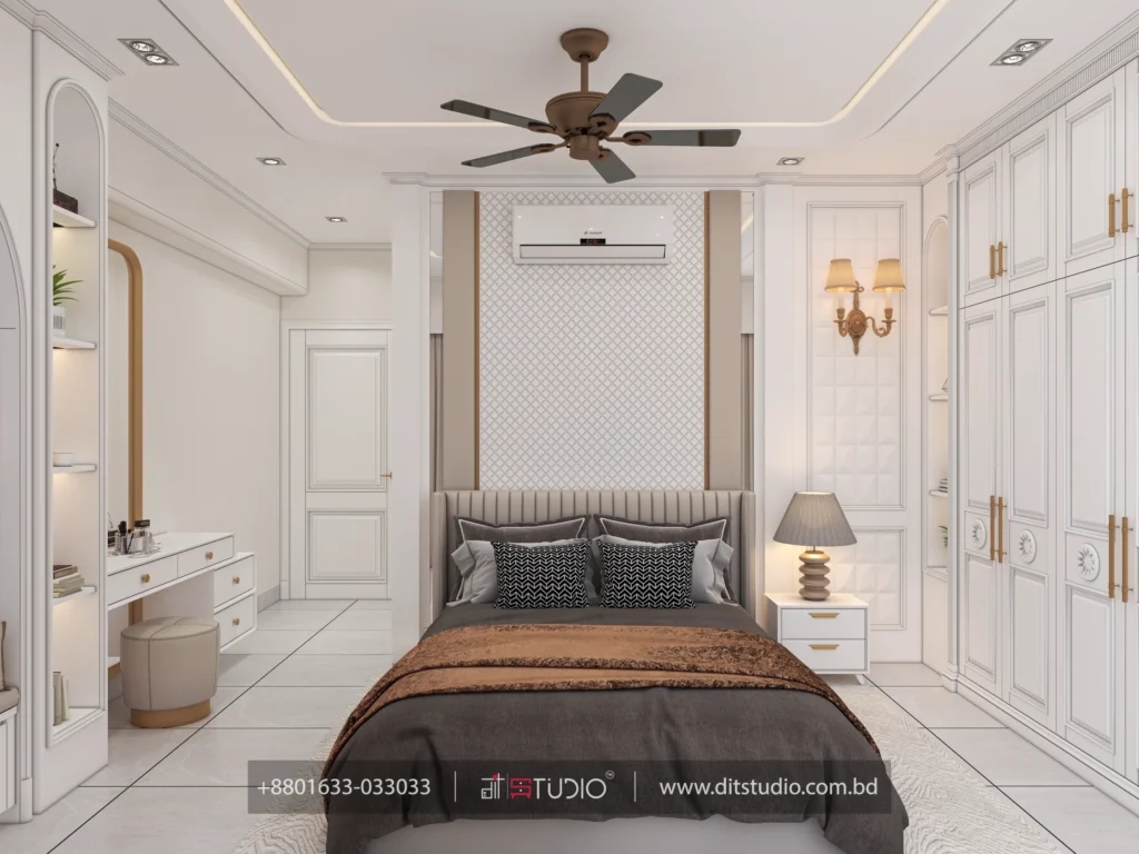 Master bedroom with channel headboard, lattice pattern panel and classic white wardrobes, Uttara