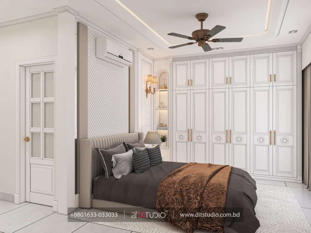 Master bedroom with six door white wardrobe, brass sconce and an arched backlit niche
