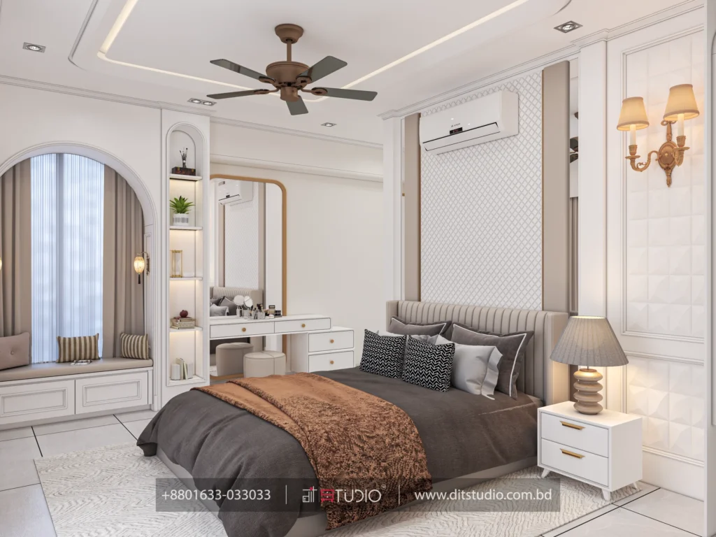 Master bedroom with arched window seat, gold framed dressing mirror and lit shelf column