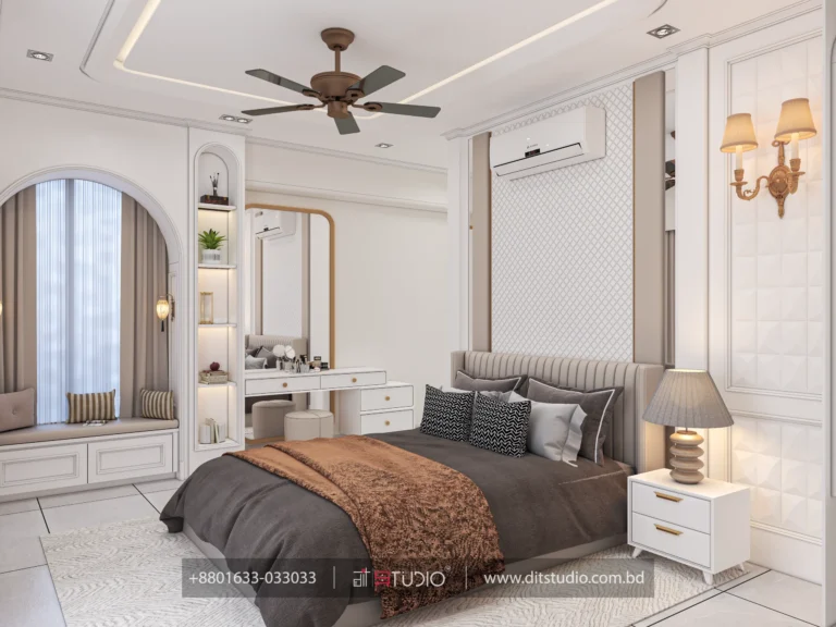 Master bedroom with arched window seat, gold framed dressing mirror and lit shelf column