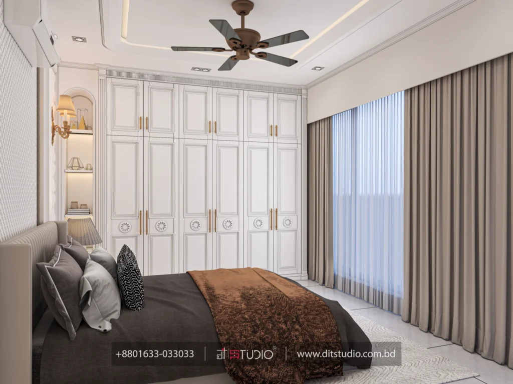 Classic white wardrobe wall with gold handles beside layered beige and sheer curtains