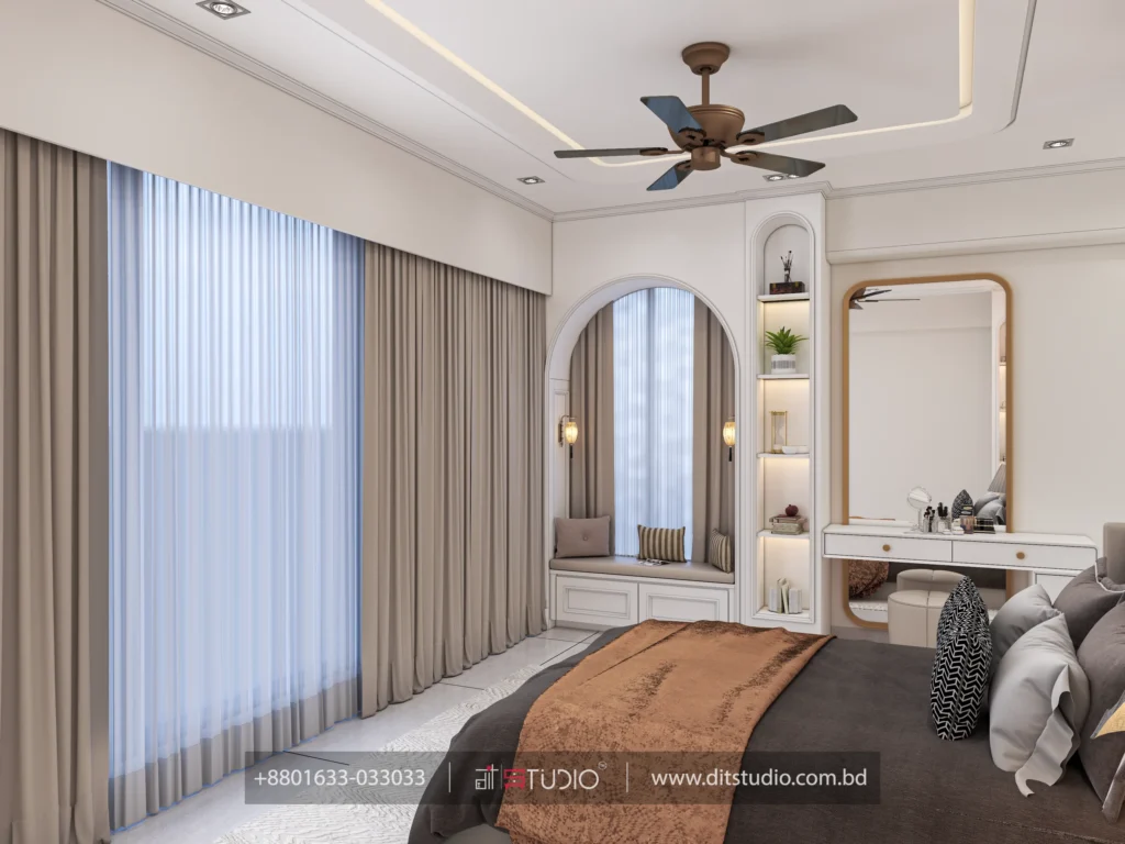Master bedroom window wall with floor length curtains, arched bench seat and dressing mirror
