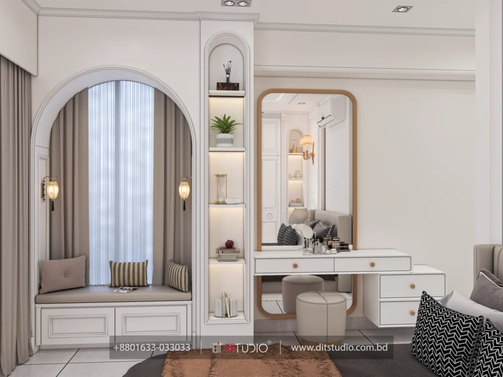 Arched window bench with lantern sconces, backlit display shelves and a white vanity desk