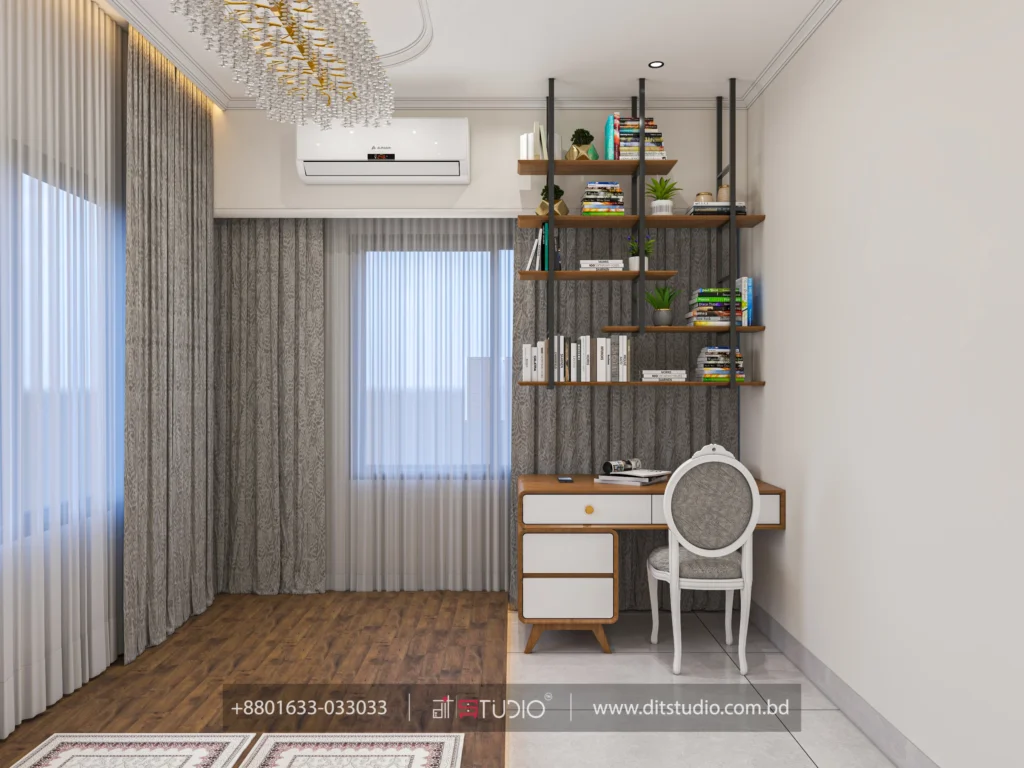 Prayer room study corner with black ladder shelving, white desk and a crystal chandelier
