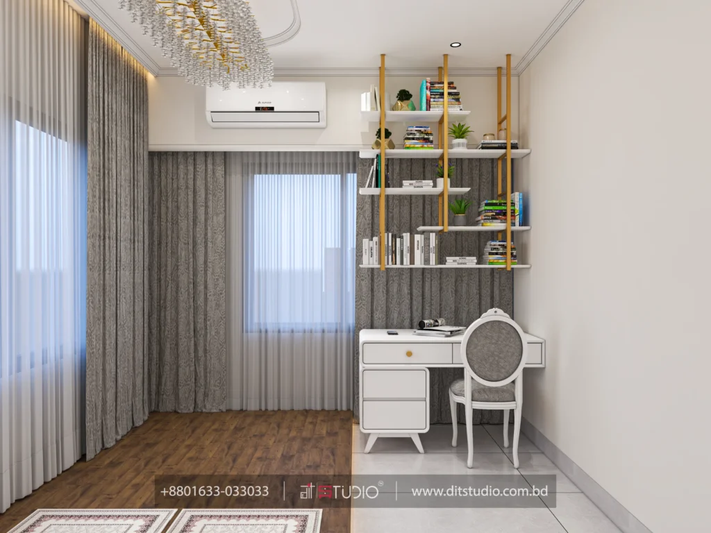Study desk with gold ladder shelving against a grey curtain wall in the prayer room, Uttara