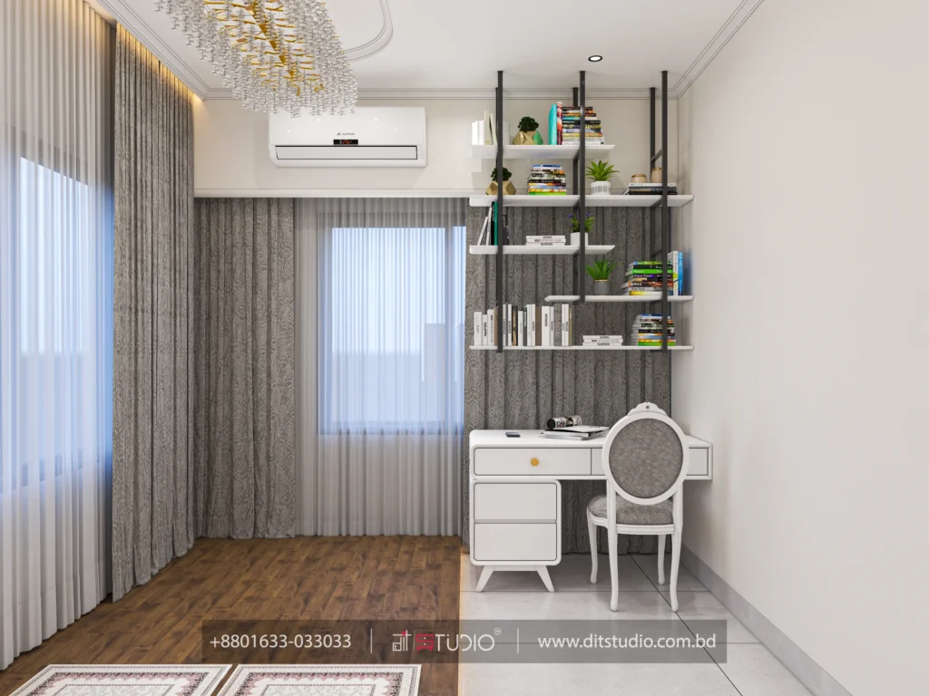 Reading nook with wall mounted shelves, white writing desk and an oval back chair