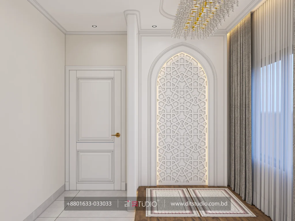 Prayer room with backlit arched Islamic lattice panel, prayer rug and wooden floor