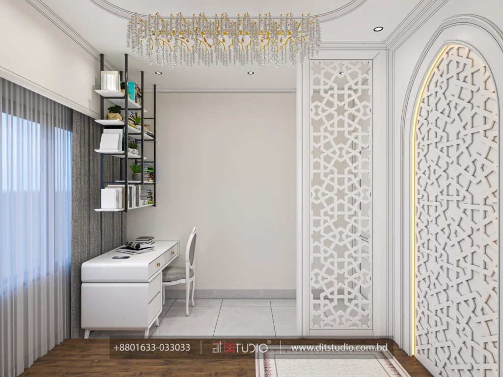 Prayer room with carved geometric screens, crystal bar chandelier and a white study desk